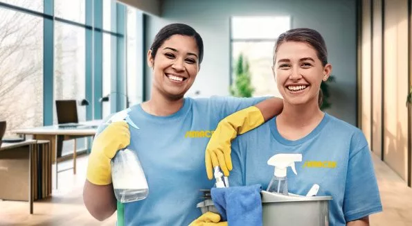 Zwei Reinigungsfrauen mit Putzzeug
