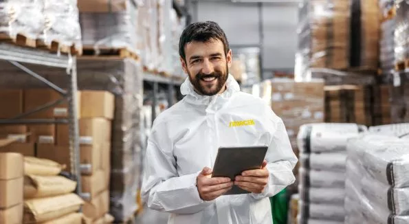 Mann steht in Produktionsstätte