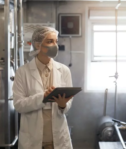 Frau mit Maske bedient Tablet in Labor