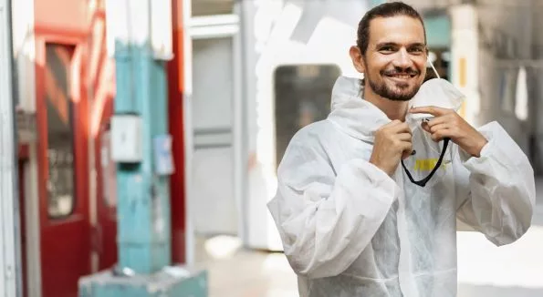 Mitarbeiter im Schädlingsmanagement mit weißem Overall