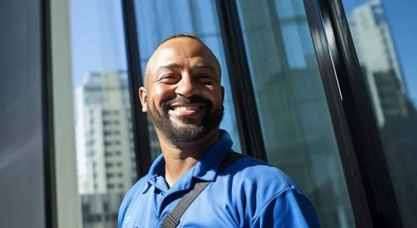 Mann mit blauem Simacek T-Shirt steht vor Fenster