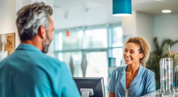 Zwei Personen unterhalten sich am Empfang