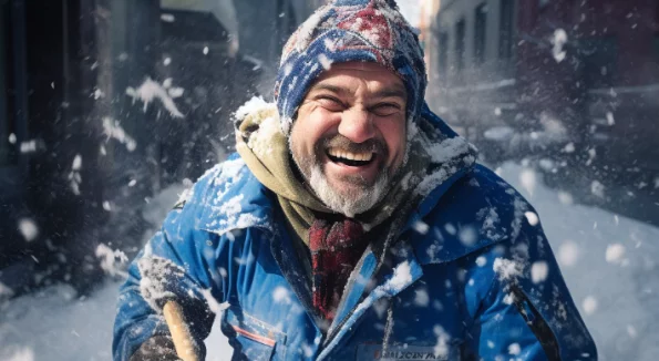 Mann lacht und arbeitet im Schnee