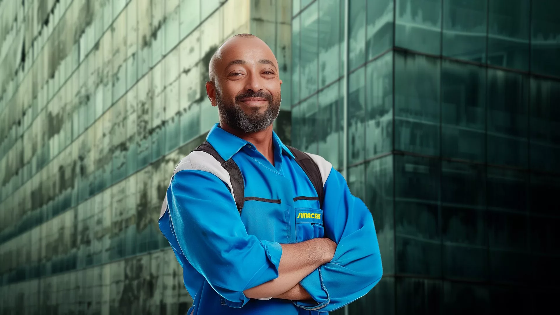 Mann in Simacek-Kleidung steht vor großem Gebäude mit Fassade