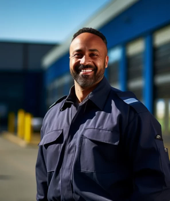 Mann vor Firmengebäude