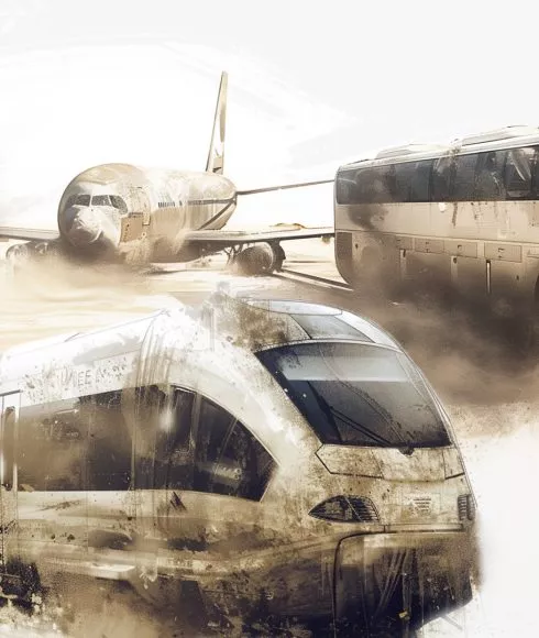 verschmutzter Zug, verschmutztes Flugzeug und verschmutzter Bus